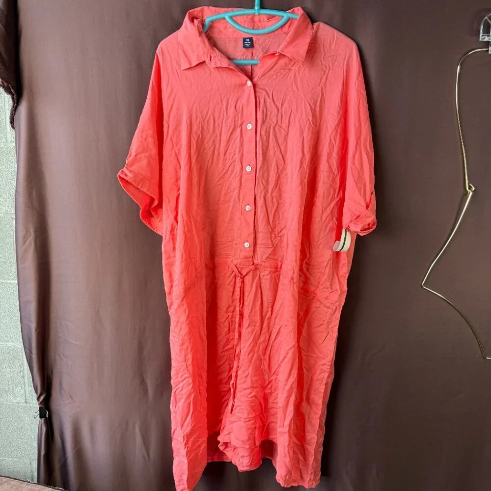 Lands' End Women's 1X, M-L LONG Button Front Swim‎ Cover-up Romper Wood Lily